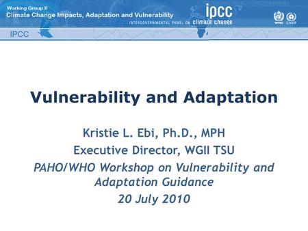 Vulnerability and Adaptation Kristie L. Ebi, Ph.D., MPH Executive Director, WGII TSU PAHO/WHO Workshop on Vulnerability and Adaptation Guidance 20 July.
