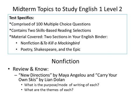 Midterm Topics to Study English 1 Level 2