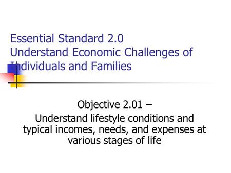 Essential Standard 2.0 Understand Economic Challenges of Individuals and Families Objective 2.01 – Understand lifestyle conditions and typical incomes,