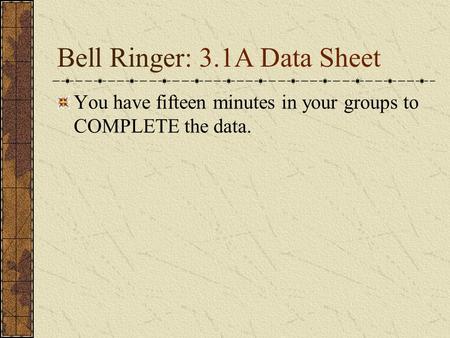 Bell Ringer: 3.1A Data Sheet You have fifteen minutes in your groups to COMPLETE the data.