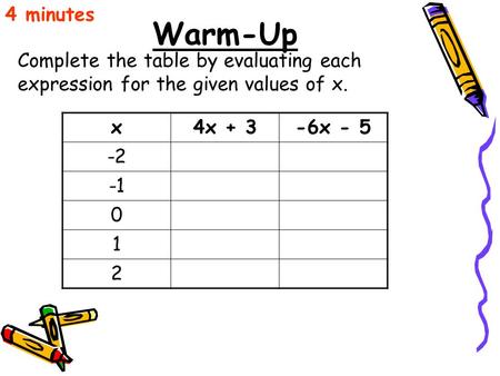 4 minutes Warm-Up Complete the table by evaluating each expression for the given values of x. x 4x + 3 -6x - 5 -2 -1 1 2.