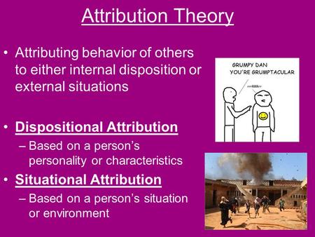 Attribution Theory Attributing behavior of others to either internal disposition or external situations Dispositional Attribution Based on a person’s personality.