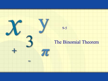 The Binomial Theorem 9-5. Combinations How many combinations can be created choosing r items from n choices. 4! = (4)(3)(2)(1) = 24 0! = 1 Copyright ©