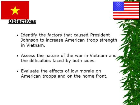 Objectives Identify the factors that caused President Johnson to increase American troop strength in Vietnam. Assess the nature of the war in Vietnam and.