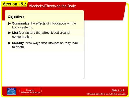 Section 15.2 Alcohol’s Effects on the Body Slide 1 of 21 Objectives Summarize the effects of intoxication on the body systems. List four factors that affect.