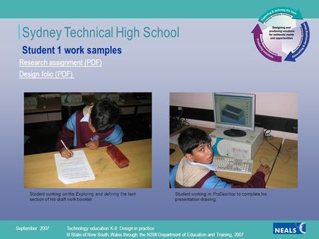 Sydney Technical High School 1 Research assignment (PDF) Design folio (PDF) Student working on the Exploring and defining the task section of his draft.