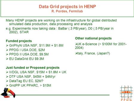 Data Grid projects in HENP R. Pordes, Fermilab Many HENP projects are working on the infrastructure for global distributed simulated data production, data.