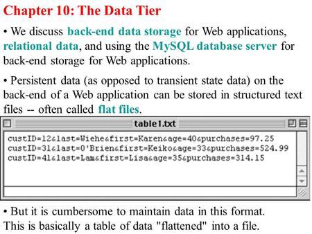Chapter 10: The Data Tier We discuss back-end data storage for Web applications, relational data, and using the MySQL database server for back-end storage.