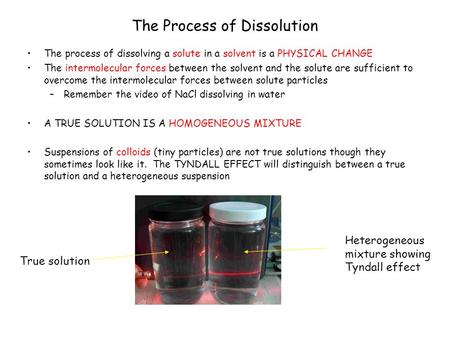 The Process of Dissolution The process of dissolving a solute in a solvent is a PHYSICAL CHANGE The intermolecular forces between the solvent and the solute.