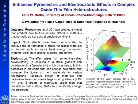 National Science Foundation Enhanced Pyroelectric and Electrocaloric Effects in Complex Oxide Thin Film Heterostructures Lane W. Martin, University of.