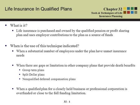 Life Insurance In Qualified Plans Chapter 32 Tools & Techniques of Life Insurance Planning 32 - 1  What is it?  Life insurance is purchased and owned.