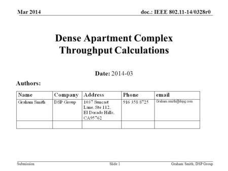 Doc.: IEEE 802.11-14/0328r0 Submission Dense Apartment Complex Throughput Calculations Date: 2014-03 Authors: Graham Smith, DSP GroupSlide 1 Mar 2014.
