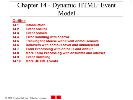  2001 Prentice Hall, Inc. All rights reserved. 1 Chapter 14 - Dynamic HTML: Event Model Outline 14.1 Introduction 14.2 Event onclick 14.3 Event onload.