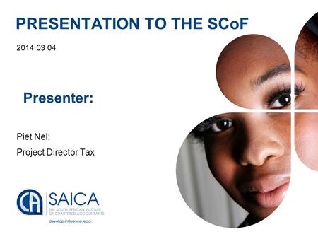 Presentation Footer1 PRESENTATION TO THE SCoF 2014 03 04 Presenter: Piet Nel: Project Director Tax.