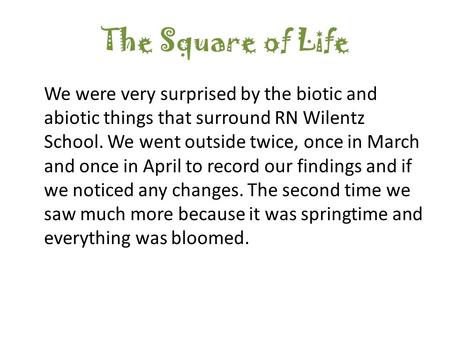 The Square of Life We were very surprised by the biotic and abiotic things that surround RN Wilentz School. We went outside twice, once in March and once.