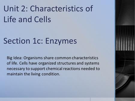 Unit 2: Characteristics of Life and Cells Section 1c: Enzymes Big Idea: Organisms share common characteristics of life. Cells have organized structures.