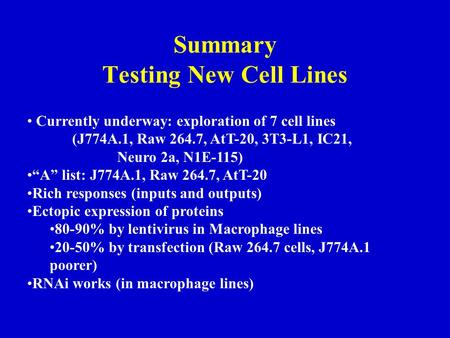 Summary Testing New Cell Lines Currently underway: exploration of 7 cell lines (J774A.1, Raw 264.7, AtT-20, 3T3-L1, IC21, Neuro 2a, N1E-115) “A” list: