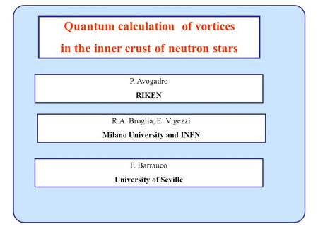 Quantum calculation of vortices in the inner crust of neutron stars R.A. Broglia, E. Vigezzi Milano University and INFN F. Barranco University of Seville.