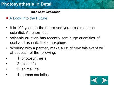 Photosynthesis in Detail A Look Into the Future It is 100 years in the future and you are a research scientist. An enormous volcanic eruption has recently.