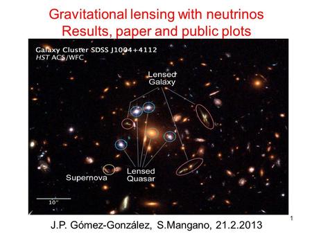 1 Gravitational lensing with neutrinos Results, paper and public plots J.P. Gómez-González, S.Mangano, 21.2.2013.
