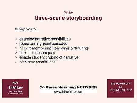 Vitae three-scene storyboarding DVT 14Vitae storyboarding uploaded 09/11/10 this PowerPoint at:  to help you to… > examine narrative.
