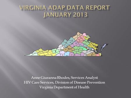 Anne Giuranna Rhodes, Services Analyst HIV Care Services, Division of Disease Prevention Virginia Department of Health.
