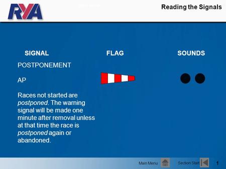 1 Reading the Signals POSTPONEMENT AP Races not started are postponed. The warning signal will be made one minute after removal unless at that time the.