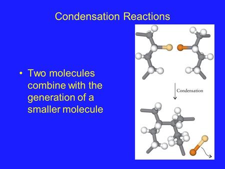 Condensation Reactions Two molecules combine with the generation of a smaller molecule.