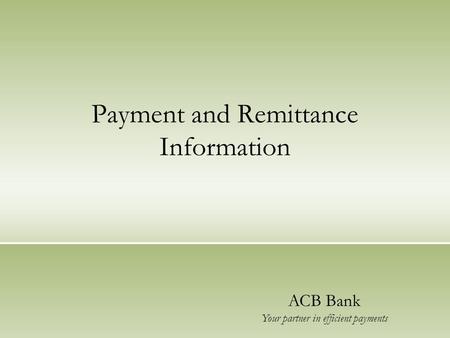 Payment and Remittance Information ACB Bank Your partner in efficient payments.