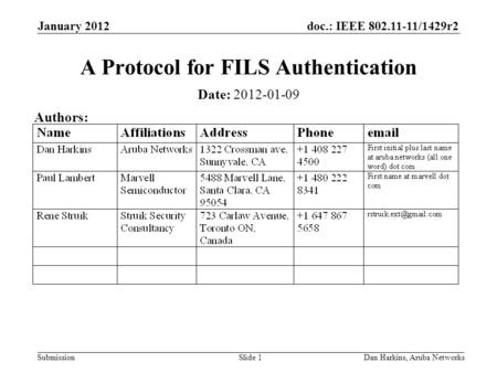 Doc.: IEEE 802.11-11/1429r2 Submission January 2012 Dan Harkins, Aruba NetworksSlide 1 A Protocol for FILS Authentication Date: 2012-01-09 Authors: