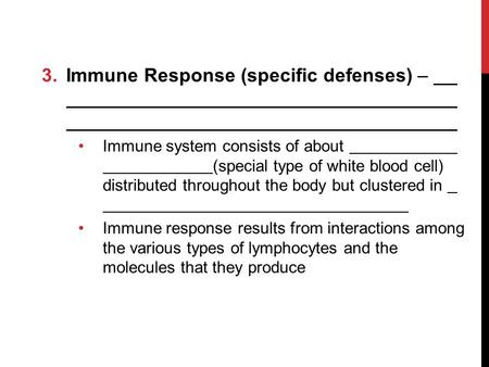 3.Immune Response (specific defenses) – Immune system consists of about (special type of white blood cell) distributed throughout the body but clustered.