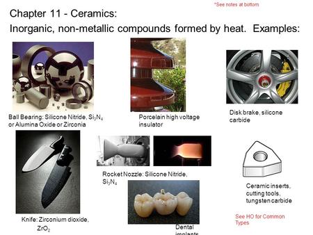 Inorganic, non-metallic compounds formed by heat. Examples: