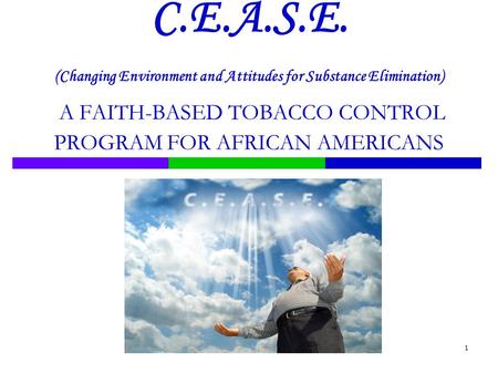 1 C.E.A.S.E. (Changing Environment and Attitudes for Substance Elimination) A FAITH-BASED TOBACCO CONTROL PROGRAM FOR AFRICAN AMERICANS.
