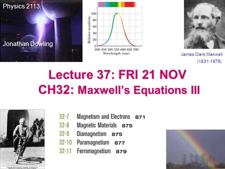 Lecture 37: FRI 21 NOV CH32: Maxwell’s Equations III James Clerk Maxwell (1831-1879) Physics 2113 Jonathan Dowling.