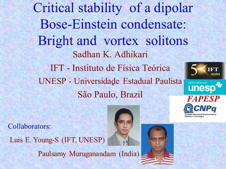 Critical stability of a dipolar Bose-Einstein condensate: Bright and vortex solitons Sadhan K. Adhikari IFT - Instituto de Física Teórica UNESP - Universidade.