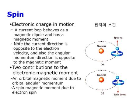 Spin Electronic charge in motion - A current loop behaves as a magnetic dipole and has a magnetic moment. - Note the current direction is opposite to the.
