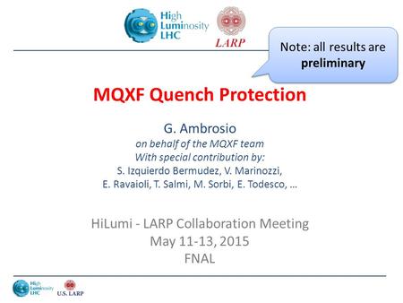 MQXF Quench Protection G. Ambrosio on behalf of the MQXF team With special contribution by: S. Izquierdo Bermudez, V. Marinozzi, E. Ravaioli, T. Salmi,