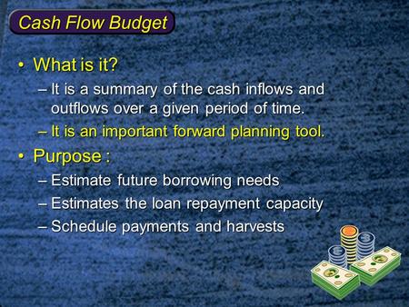 Cash Flow Budget What is it?What is it? –It is a summary of the cash inflows and outflows over a given period of time. –It is an important forward planning.