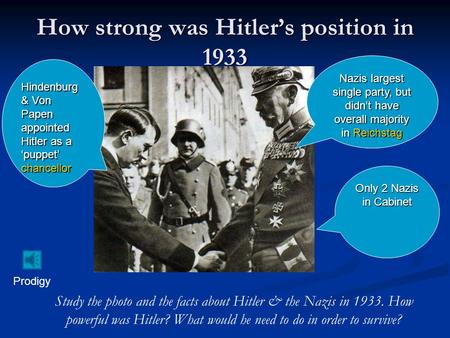 How strong was Hitler’s position in 1933 Study the photo and the facts about Hitler & the Nazis in 1933. How powerful was Hitler? What would he need to.