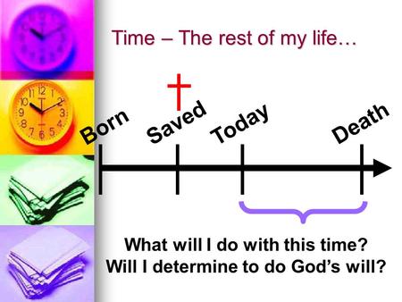 Time – The rest of my life… Born Saved Today Death What will I do with this time? Will I determine to do God’s will?