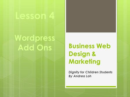 Business Web Design & Marketing Dignity for Children Students By Andrea Loh Lesson 4 Wordpress Add Ons.