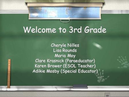 Welcome to 3rd Grade Cheryle Nilles Lisa Rounds Maria Moy Clare Krasnick (Paraeducator) Karen Brower (ESOL Teacher) Adikie Mosby (Special Educator) Cheryle.