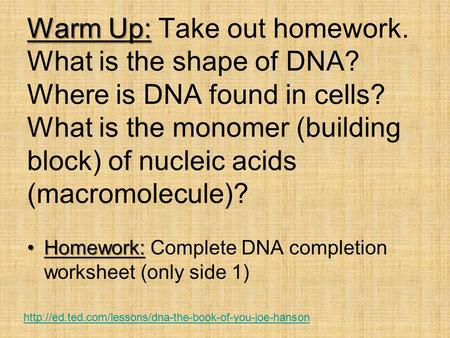 Warm Up: Warm Up: Take out homework. What is the shape of DNA? Where is DNA found in cells? What is the monomer (building block) of nucleic acids (macromolecule)?