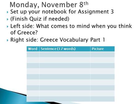  Set up your notebook for Assignment 3  (Finish Quiz if needed)  Left side: What comes to mind when you think of Greece?  Right side: Greece Vocabulary.
