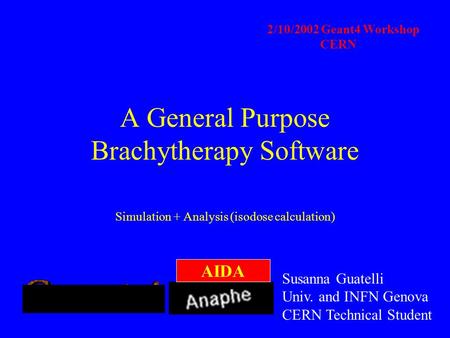 A General Purpose Brachytherapy Software Simulation + Analysis (isodose calculation) 2/10/2002 Geant4 Workshop CERN Susanna Guatelli Univ. and INFN Genova.