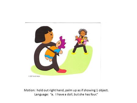 Motion: hold out right hand, palm up as if showing 1 object. Language: “a. I have a doll, but she has four.”