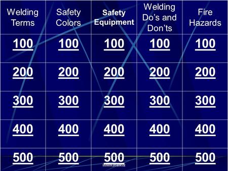Welding Terms Safety Colors Safety Equipment Welding Do’s and Don’ts Fire Hazards 100 200 300 400 500 double jeopardy.
