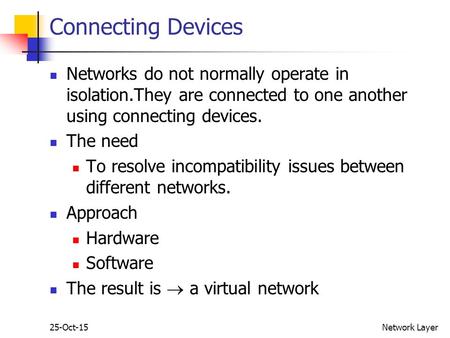 25-Oct-15Network Layer Connecting Devices Networks do not normally operate in isolation.They are connected to one another using connecting devices. The.