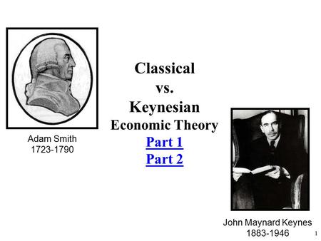 Adam Smith 1723-1790 John Maynard Keynes 1883-1946 1 Classical vs. Keynesian Economic Theory Part 1 Part 2.