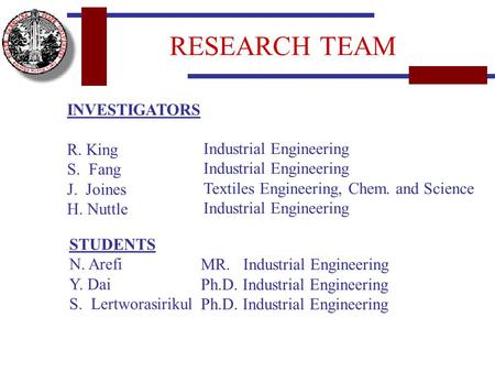 INVESTIGATORS R. King S. Fang J. Joines H. Nuttle STUDENTS N. Arefi Y. Dai S. Lertworasirikul Industrial Engineering Textiles Engineering, Chem. and Science.